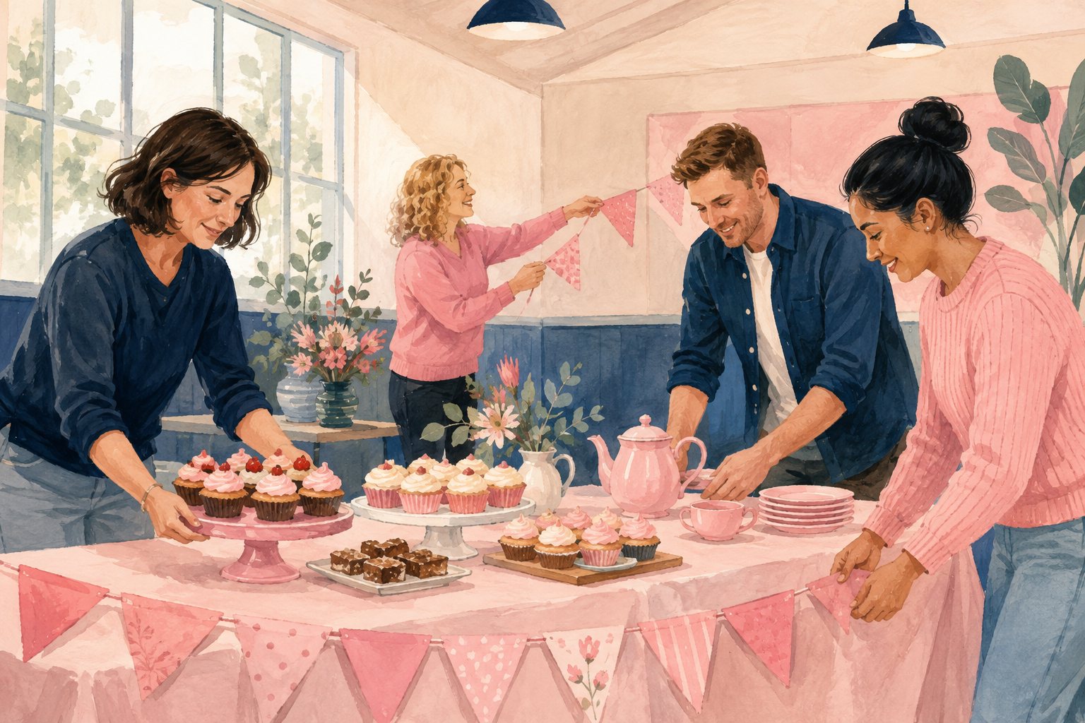 Illustration of community volunteers preparing a pink-themed bake sale