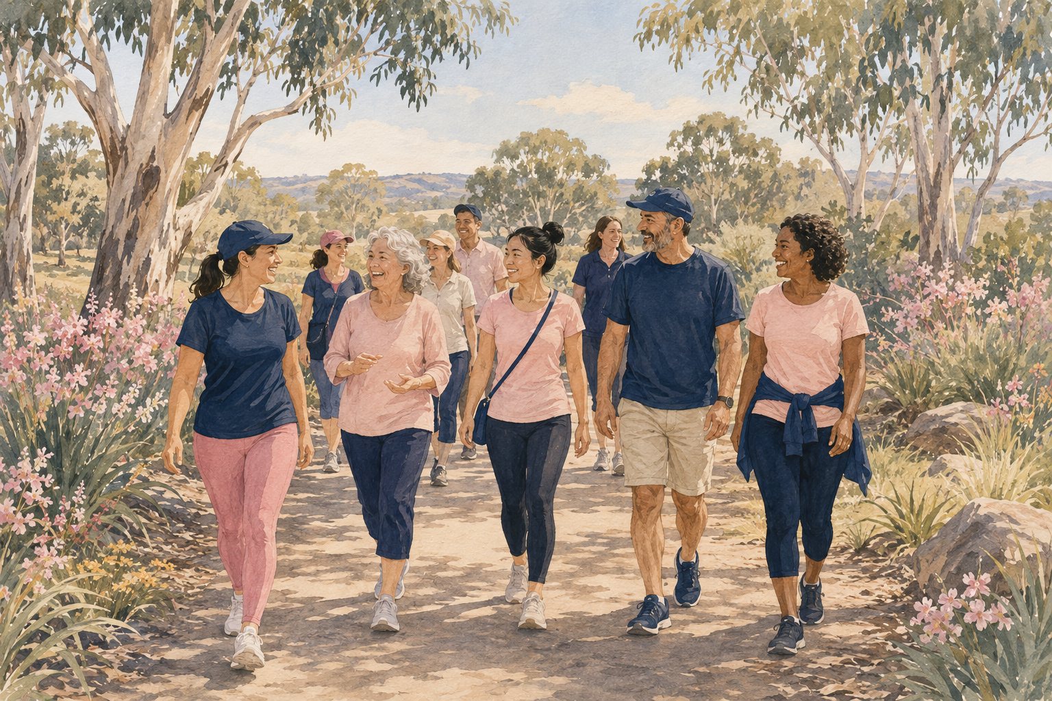 Illustration of neighbours taking part in a spring community fundraising walk