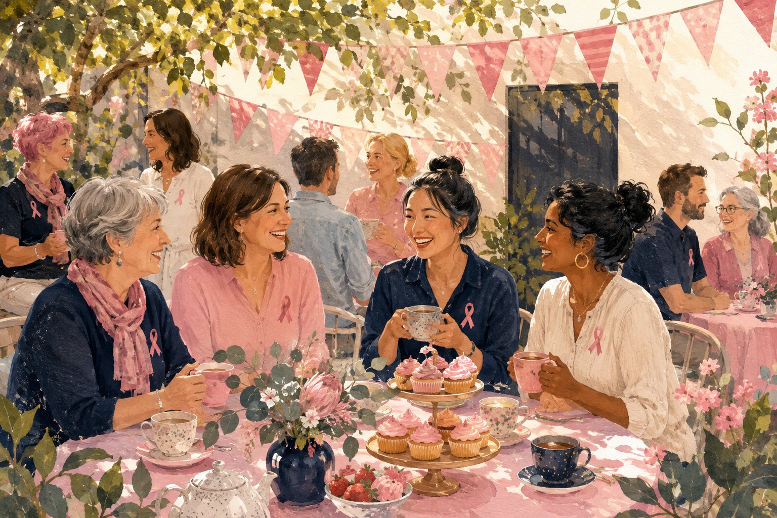 Illustration of neighbours sharing a pink-themed community fundraising morning tea